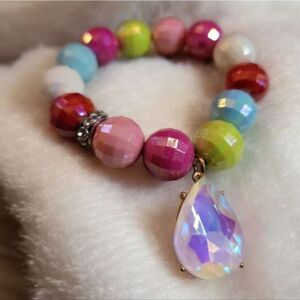 Colorful Faceted Beaded Stretch Bracelet with Teardrop Pendant